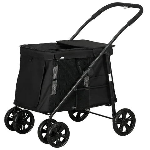 Rootz Dog Trolley With Cushion - 3 Side Pockets - Foldable Dog Trolley - Dog Cart - Oxford Fabric - Black - 102 cm x 62 cm x 105 cm