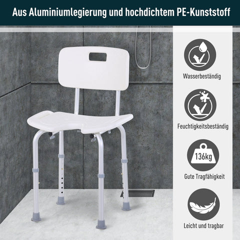 Rootz Shower Chair with Backrest - Bath Seat - Non-Slip Chair - 8 Level Adjustable Height - 39.5 x 36.5 x 71-83.5 cm Aluminum Alloy