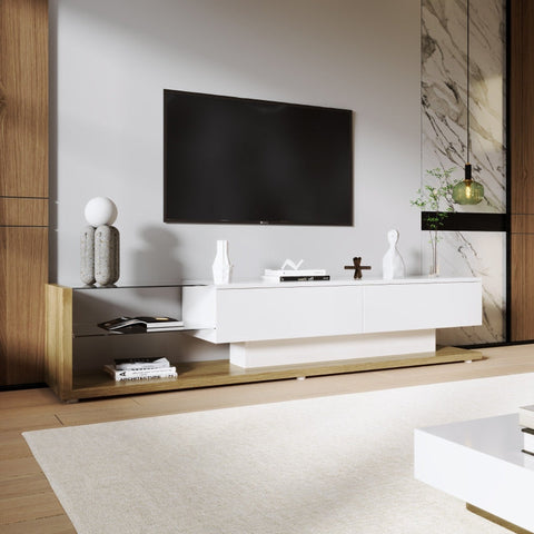 Rootz TV Cabinet - Entertainment Stand - Media Console - Adjustable LED Lighting - 170L x 36W x 38H cm - High Gloss White & Wood Finish