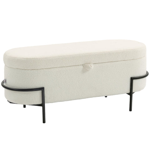 Rootz Storage Stool - Ottoman Bench - Footrest Seat - Hidden Storage - White - Fleece Cover - Steel Legs - 114.5 x 40 x 48 cm
