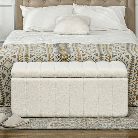 Rootz Upholstered Bench with Storage - Bed Bench - Window Seat - Cream White - Solid Wood Frame - 102cm x 45cm x 46cm