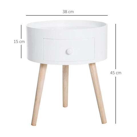 Rootz Coffee Table With Drawer -  Side Table - Round - Scandi Design - Protective Edge - Wood - White - Ø38 x H45 cm