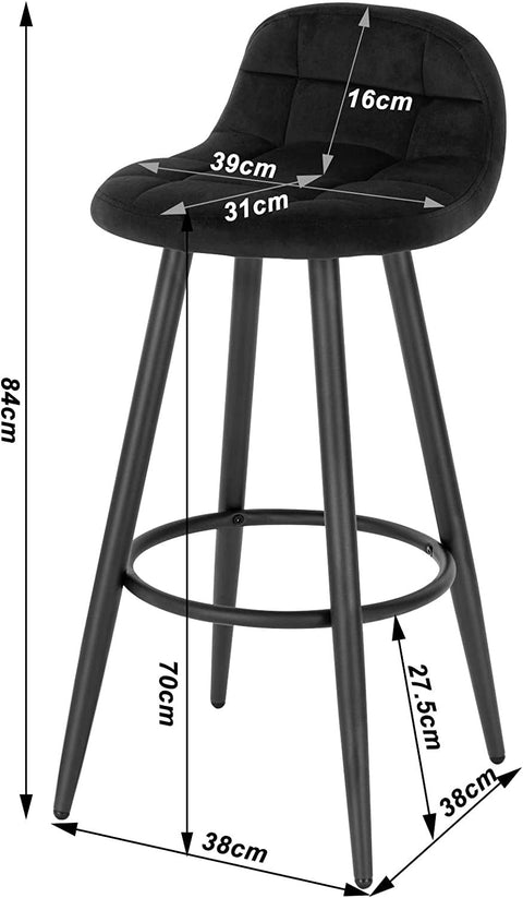 Rootz Bar Stool Set - Kitchen Island Stool - Work Stool - Padded Velvet - Metal Frame - 84cm x 70cm x 39cm