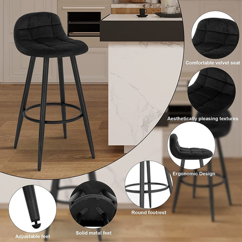 Rootz Bar Stool Set - Kitchen Island Stool - Work Stool - Padded Velvet - Metal Frame - 84cm x 70cm x 39cm