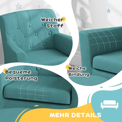 Rootz Kids Armchair Set - Children's Sofa - Matching Ottoman - Stylish Diamond Backrest - Wooden Frame - Cozy Padding - Blue - 45cm x 43cm x 50.5cm