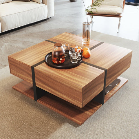 Rootz Modern Coffee Table - Stylish Centerpiece - Square Table - Versatile Storage - 78L x 78W x 36H cm