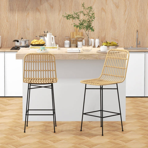 Rootz Set of 2 Boho Bar Stools - Counter Stools - Rattan Wicker Chairs - Breathable Comfort - Sturdy Steel Frame - 45 x 53.5 x 105 cm
