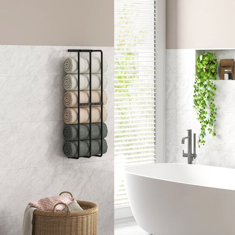 Rootz Wall Mounted Towel Rail - Towel Rack - Bath Towel Holder - Vertical Design - Space Saving - Durable Metal - Black Finish - 21cm x 12cm x 74cm