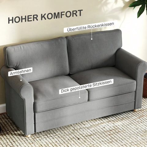 Rootz 2-Seater Sofa - Compact Living Room Couch - Linen-Look Fabric - Soft Seat Cushions - 150cm x 74cm x 86cm - Grey