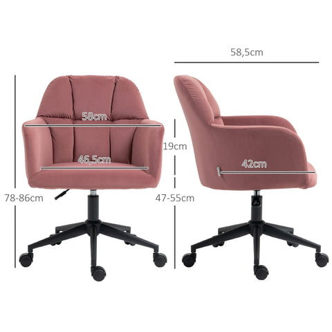 Rootz Pink Velvet Swivel Office Chair - Modern Desk Chair - Height Adjustable - Skin-Friendly Padding - 58cm x 58.5cm x 78-86cm