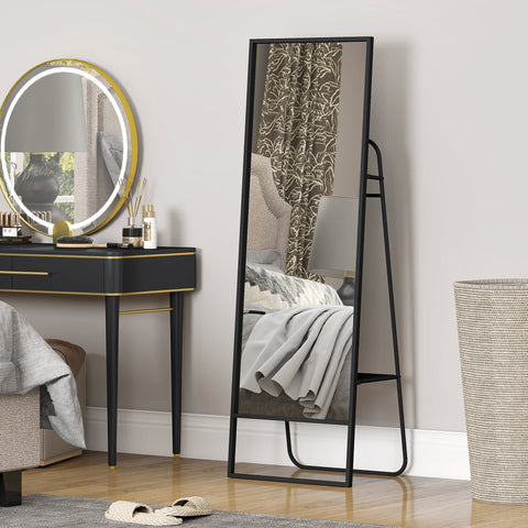 Rootz Full Body Mirror - Standing Mirror - Dressing Mirror - Industrial Design, Metal Frame, Black, 157 x 50 cm, Rear Shelf, 2 Hooks, Safe & Chic