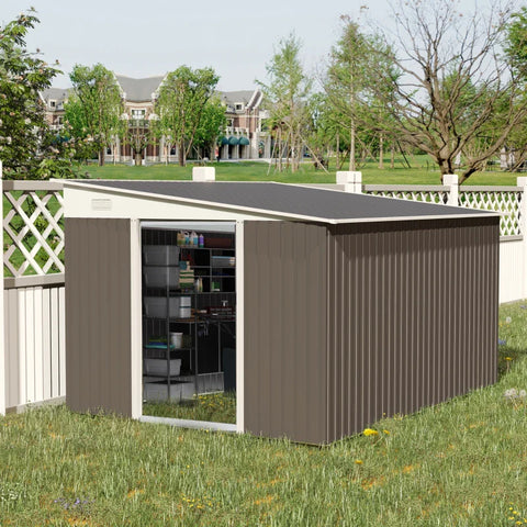 Rootz Metal Tool Shed - Garden Shed - Pitched Roof - Lockable Double Door - Tool Storage House - 2 Air Vents - Grey - 2.8 x 3.45 x 2.01m