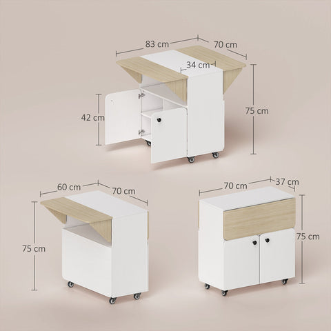 Rootz Folding Table Cabinet - Convertible Dining Table - Expandable Roller Cabinet - Space-Saving Design - 70 x 83 x 75cm - White + Brown