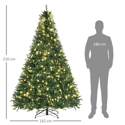 Rootz 7ft Artificial Christmas Tree with Lights - LED Illuminated Tree - Festive Atmosphere - 142cm x 210cm - 2154 Branches - Green