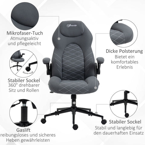 Rootz Vinsetto Office Chair - Ergonomic Desk Chair - Adjustable Computer Chair - Rocker Function - Fold-Up Armrests - Microfiber Fabric - 65.5cm x 69.5cm x 112-122cm