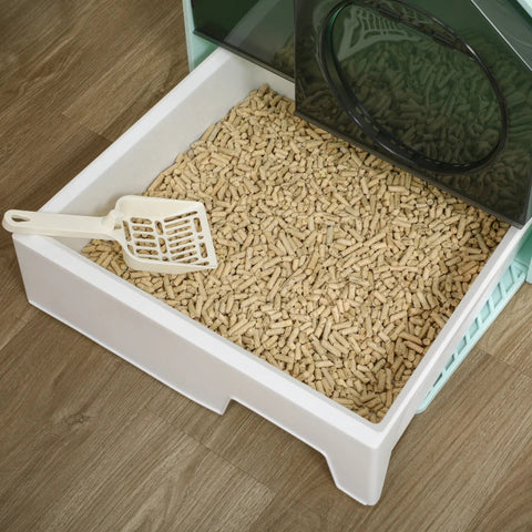 Rootz Cat Litter Box - Hut Design - 1 Strainer - 1 Litter Scoop - Removable Base Tray - Plastic - ABS - Green - White - 47L x 45W x 42H cm