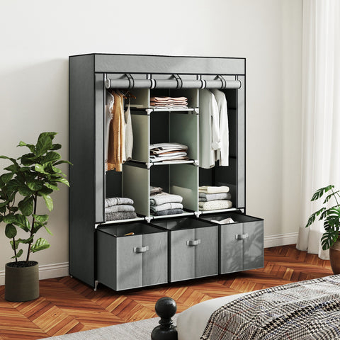 Rootz Fabric Wardrobe - Folding Cabinet - Space-saving Storage - Keeps Clothes Dust-Free - Grey - 125cm x 43cm x 162.5cm