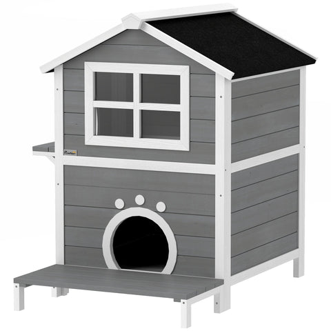 Rootz Outdoor Cat House - Weatherproof Shelter - Kitty Condo - 2 Levels - Removable Floor - 66cm x 66cm x 90cm - Grey White