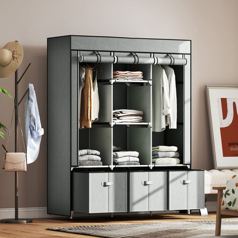 Rootz Fabric Wardrobe - Folding Cabinet - Space-saving Storage - Keeps Clothes Dust-Free - Grey - 125cm x 43cm x 162.5cm