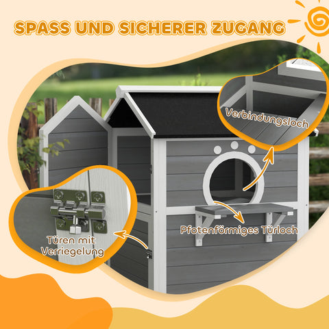 Rootz Outdoor Cat House - Weatherproof Shelter - Kitty Condo - 2 Levels - Removable Floor - 66cm x 66cm x 90cm - Grey White