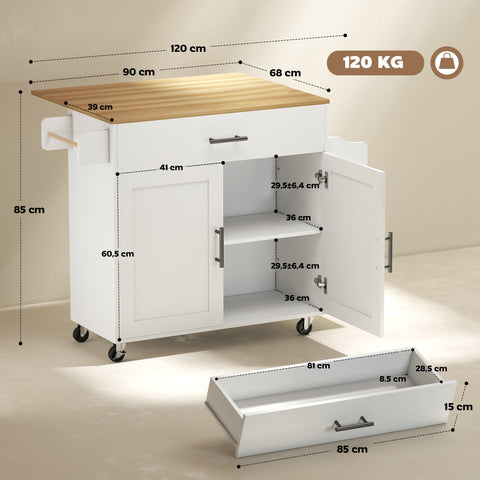 Rootz Kitchen Island - Kitchen Trolley - Rolling Cart - Foldable Worktop - Maximizes Space - 120 x 68 x 85 cm - White/Brown