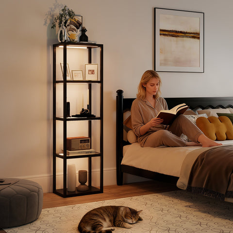 Rootz RGB Floor Lamp with Glass Shelves – LED Standing Light – Modern Shelf Lamp – Mood Lighting – Remote Controlled – 45x29x157cm – Black