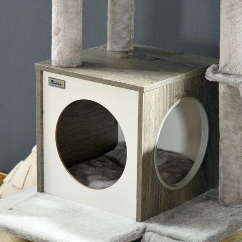 Rootz Cat Scratching Post with Cave - Cat Tree - Multi-Level Cat Tower - Sisal Rope - 48.5cm x 48.5cm x 141.5cm