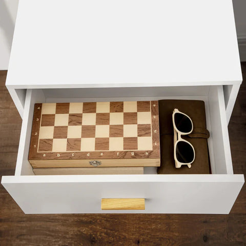 Rootz Bedside Table - Nightstand - 2 Drawers - Pinewood - Bedroom - Livingroom - White + Natural - 50 cm x 40 cm x 55 cm