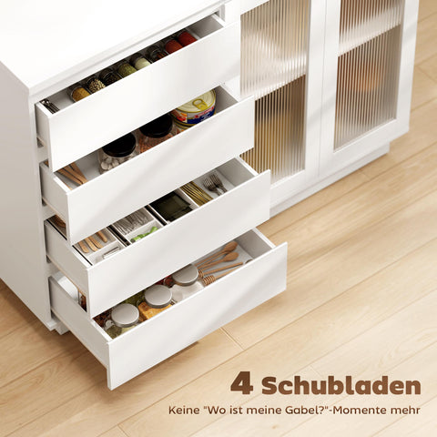 Rootz Buffet Cabinet Sideboard - Storage Cupboard - Display Unit - Silent Soft-Close, Organizes Dining Room - 120x40x91 cm, White, MDF, 4 Drawers, 2 Glass Doors