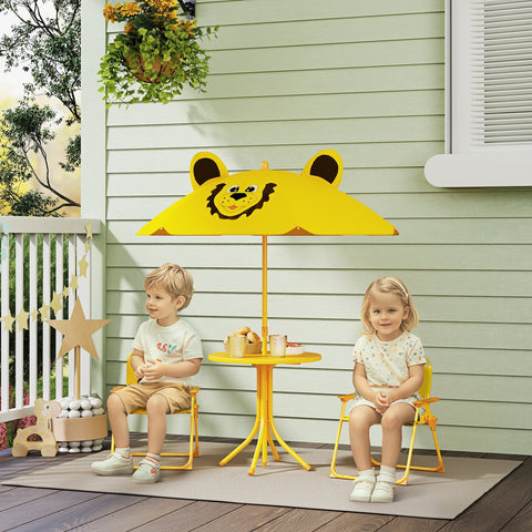 Rootz Children's Garden Furniture Set - Kids Chairs & Table - Lion Design - Adjustable Parasol - Easy Storage - Chair 36.5x38.5x50cm, Table Ø49.5x50h cm