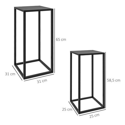 Rootz Set of 2 Industrial Style Flower Stands - Plant Stands - Black Steel - Two-tiered - Elegant Home Decor - 25cm x 25cm x 58.5cm, 31cm x 31cm x 65cm