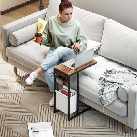 Rootz Side Table with Sockets - USB Connections - Industrial Bedside Stand - C-Shaped Design - 46cm x 25cm x 62.5cm