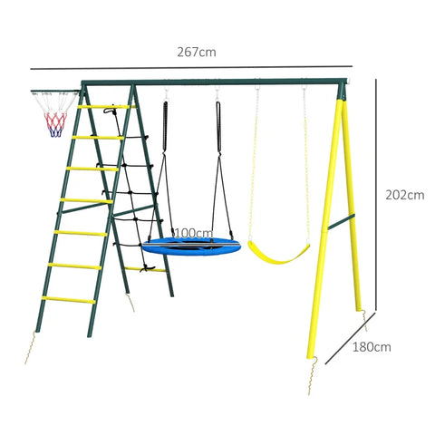 Rootz Kinderschommelset - 4 in 1 Schommelframe Schommel - Basketbalring - Klimladder - Tuinschommel - 3-8 jaar Kinderen - Kunststof+oxforddoek - Geel+groen+blauw - 267L x 180W x 202H cm