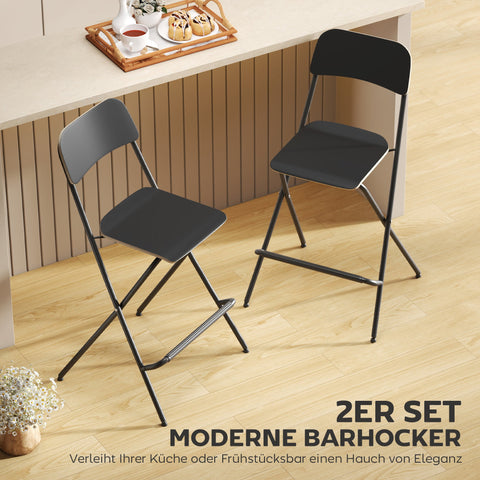 Rootz 2 Set Bar Stools - Foldable Bar Chairs - Black Kitchen Seating - Space-Saving Design - 52cm x 48cm x 96cm