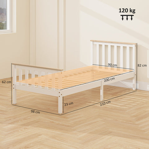 Rootz Single Bed Frame - Wooden Bed Frame - Storage Bed - Solid Pine - Quiet Sleep - Brown, White - 210x98x82cm