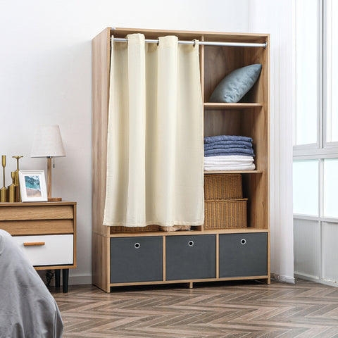 Rootz Wardrobe with Rod Curtains - Clothing Storage Unit - Fabric Drawer Chest - Ample Storage - 105 x 48 x 160 cm