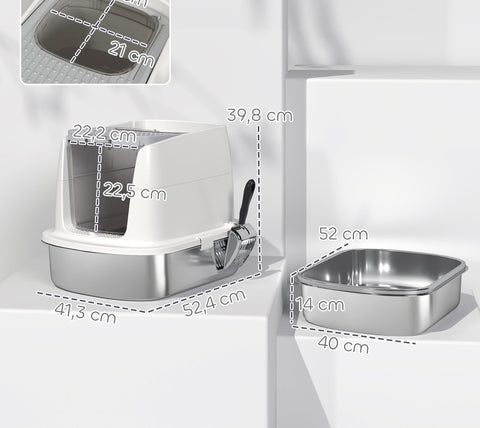 Rootz Stainless Steel Cat Toilet - Enclosed Litter Box - Odor-Free Pet House - Quick Cleaning - 52.4cm x 41.3cm x 39.8cm