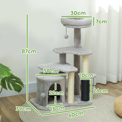 Rootz Cat Tree Activity Center - Cat Condo - Scratching Post - Play Balls - Plush Cozy Bed - Chipboard - Sisal - 60cm x 39cm x 87cm