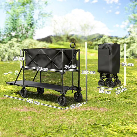 Rootz Double-Decker Garden Car - Outdoor Trolley - Transport Cart - 200 kg Capacity - 369.5L - Sturdy Steel Frame - Black - 50cm x 102cm