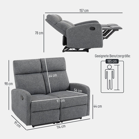 Rootz 2-Seater Sofa - Adjustable Recliner - Grey Fabric Couch - Comfortable Seating - 114cm x 98cm x 157cm
