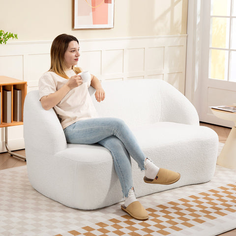 Rootz 2-Seater Sofa - Curved Sofa - Upholstered Couch - Warm Fleece Comfort - 142cm x 85cm x 73.5cm -White