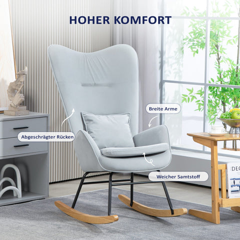 Rootz Rocking Chair - Nursing Chair - Velvet Chair - Lumbar Support - Velvet Look Cover - 67L x 85W x 112H cm -  Grey