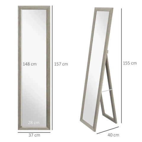 Rootz Standing Mirror - Including Wall Mounting - Floor Mirror - Wood Look - Wall Mirror - Framed Mirror - MDF-glass - Gray - 37 cm x 40 cm x 155 cm
