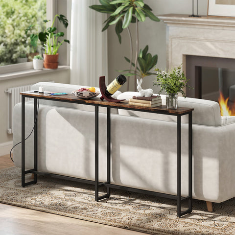 Rootz Slim Console Table with Charging Station - Industrial Side Table - Narrow Hallway Table - Built-in Charging Ports - 160cm x 80cm