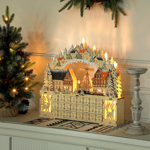 Rootz Festive Magical Christmas Advent Calendar - Wooden Village - LED Lights - 24 Day Countdown - MDF - 45cm x 9cm x 42.5cm