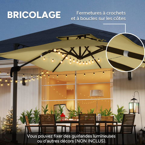 Rootz 3m Square Umbrella - Parasol - Patio Sunshield - 360° Rotation - 297x297x264cm - Hydraulic Roof, Aluminum Frame, Beige
