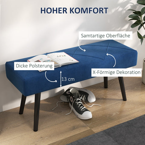 Rootz Upholstered Bench - Velvet Bench - Bedroom Seat - Elegant Design - 100 x 36 x 45 cm - Blue