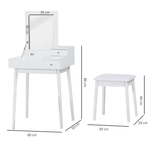 Rootz Dressing Table Set with Stool - Vanity Desk - Makeup Station - Foldable Mirror & Storage - MDF & Pine - 60cm x 50cm x 86cm