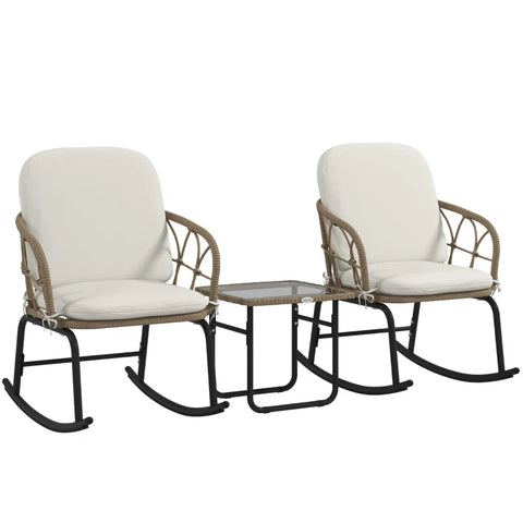 Rootz Rocking Chair Set -  Garden Furniture - Bistro Set - Boho Style - PE Rattan - Weather Resistant - Cream - 63W x 82D x 75H cm