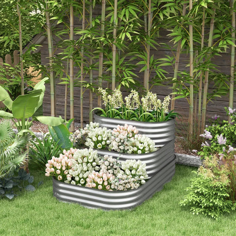 Rootz Raised Bed - Outdoor Flower Stairs - Planter Box - 3 Steps - Garden Bed - Galvanized Metal - Silver - 158cm x 109cm x 82cm